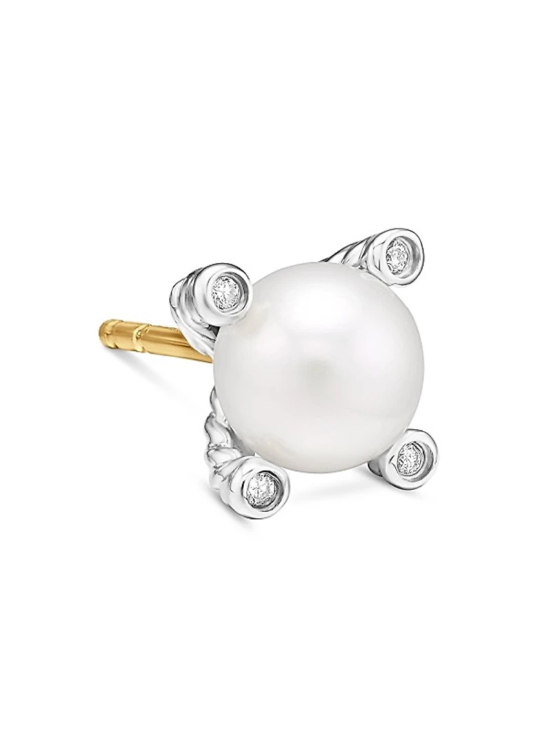Pearl Stud Earrings in Sterling Silver with Pearls and Diamonds, 7.4mm