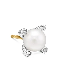 Pearl Stud Earrings in Sterling Silver with Pearls and Diamonds, 7.4mm