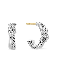 Petite X Hoop Earrings in Sterling Silver with Pavé Diamonds, 12.6mm
