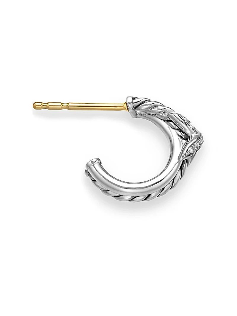 Petite X Hoop Earrings in Sterling Silver with Pavé Diamonds, 12.6mm