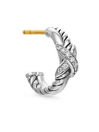Petite X Hoop Earrings in Sterling Silver with Pavé Diamonds, 12.6mm