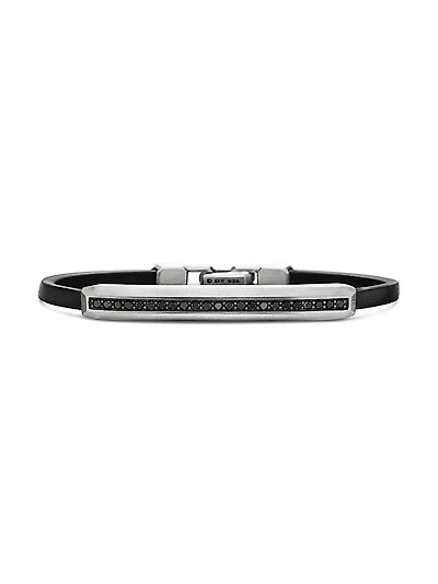 Streamline ID Black Leather Bracelet With Pavé Diamonds & Sterling Silver