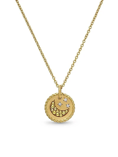 Cable Collectibles Moon and Stars Necklace in 18K Yellow Gold with Pavé Yellow Sapphires and Diamonds, 11mm