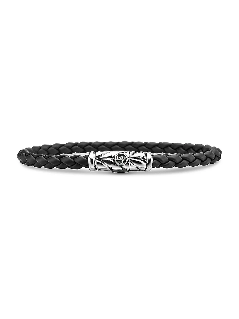 Chevron Woven Bracelet Black Rubber and Sterling Silver, 6mm