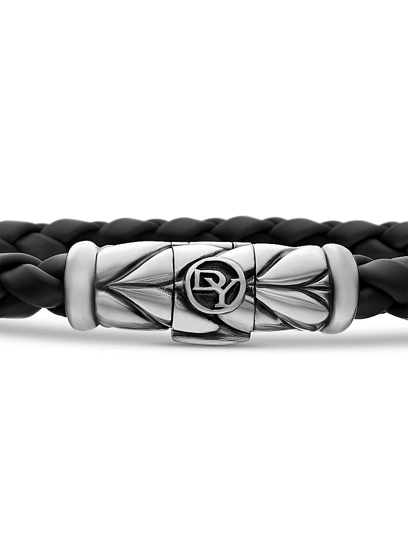 Chevron Woven Bracelet Black Rubber and Sterling Silver, 6mm