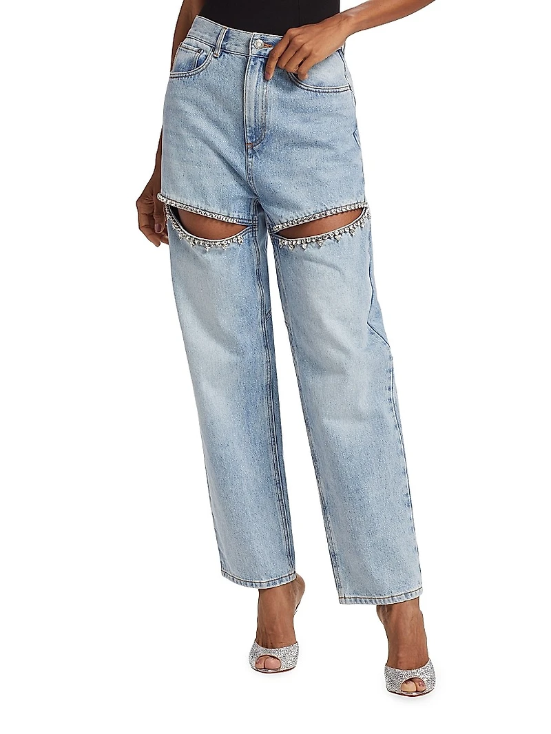 Crystal-Embellished Slit Jeans