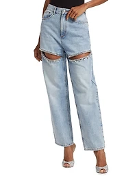 Crystal-Embellished Slit Jeans