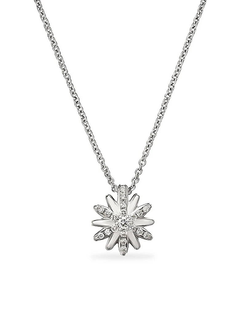 Petite Starburst Pendant Necklace in Sterling Silver with Diamonds, 10.5mm