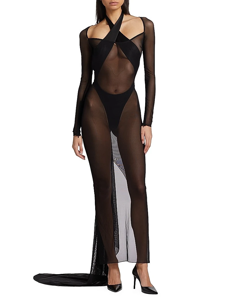 Sheer Mesh Bustled Gown