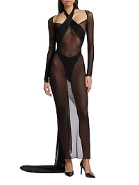 Sheer Mesh Bustled Gown