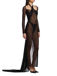Sheer Mesh Bustled Gown
