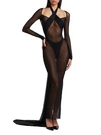 Sheer Mesh Bustled Gown