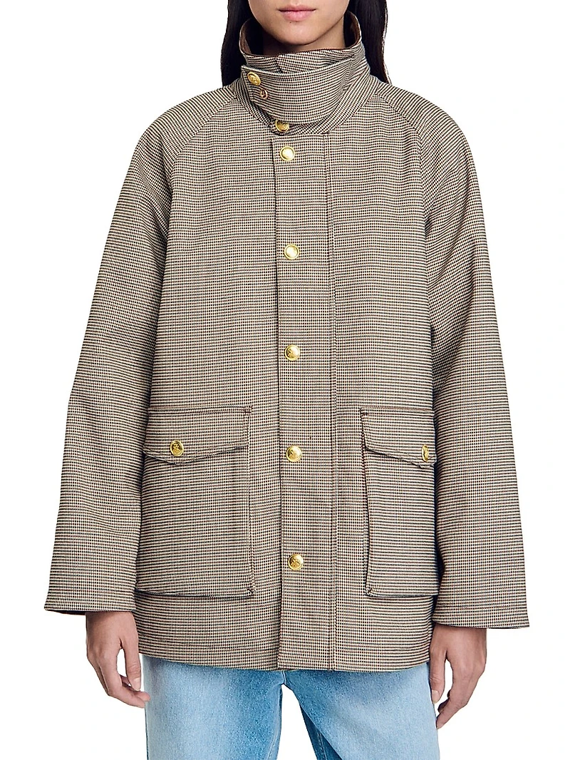 Checkered Coat with Velvet Collar