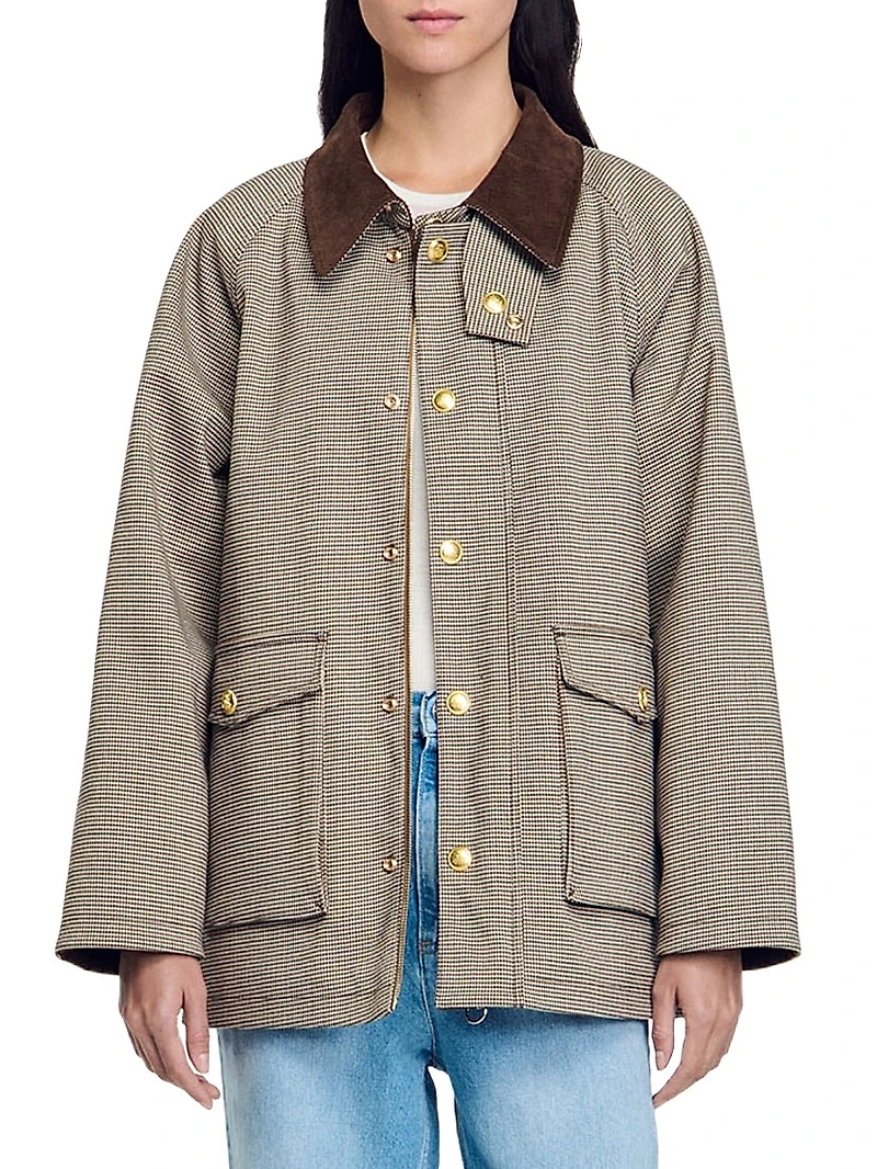 Checkered Coat with Velvet Collar