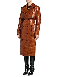 Double-Breasted Croc-Embossed Leather Coat