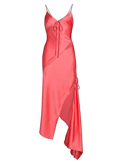Satin Asymmetric Slash Slip Midi-Dress