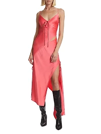 Satin Asymmetric Slash Slip Midi-Dress