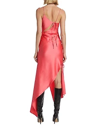 Satin Asymmetric Slash Slip Midi-Dress
