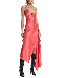 Satin Asymmetric Slash Slip Midi-Dress