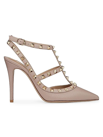 Rockstud Grainy Leather Ankle Strap Pumps 100 Mm