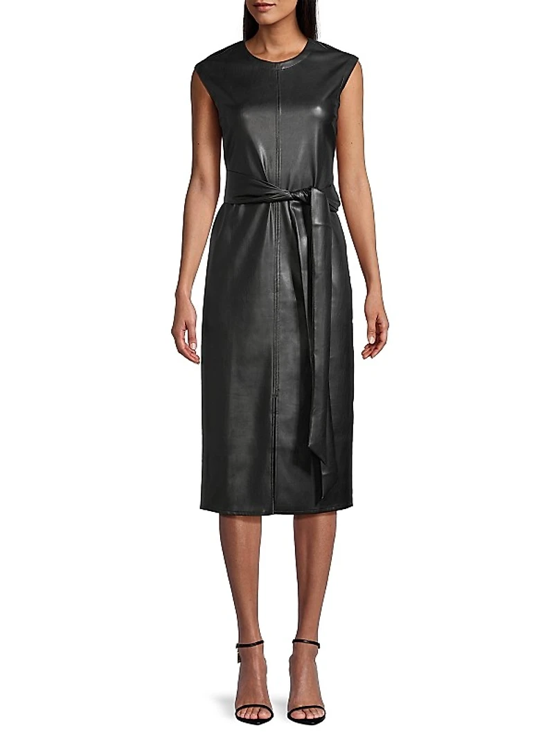 Pilar Belted Vegan Leather Midi-Dress