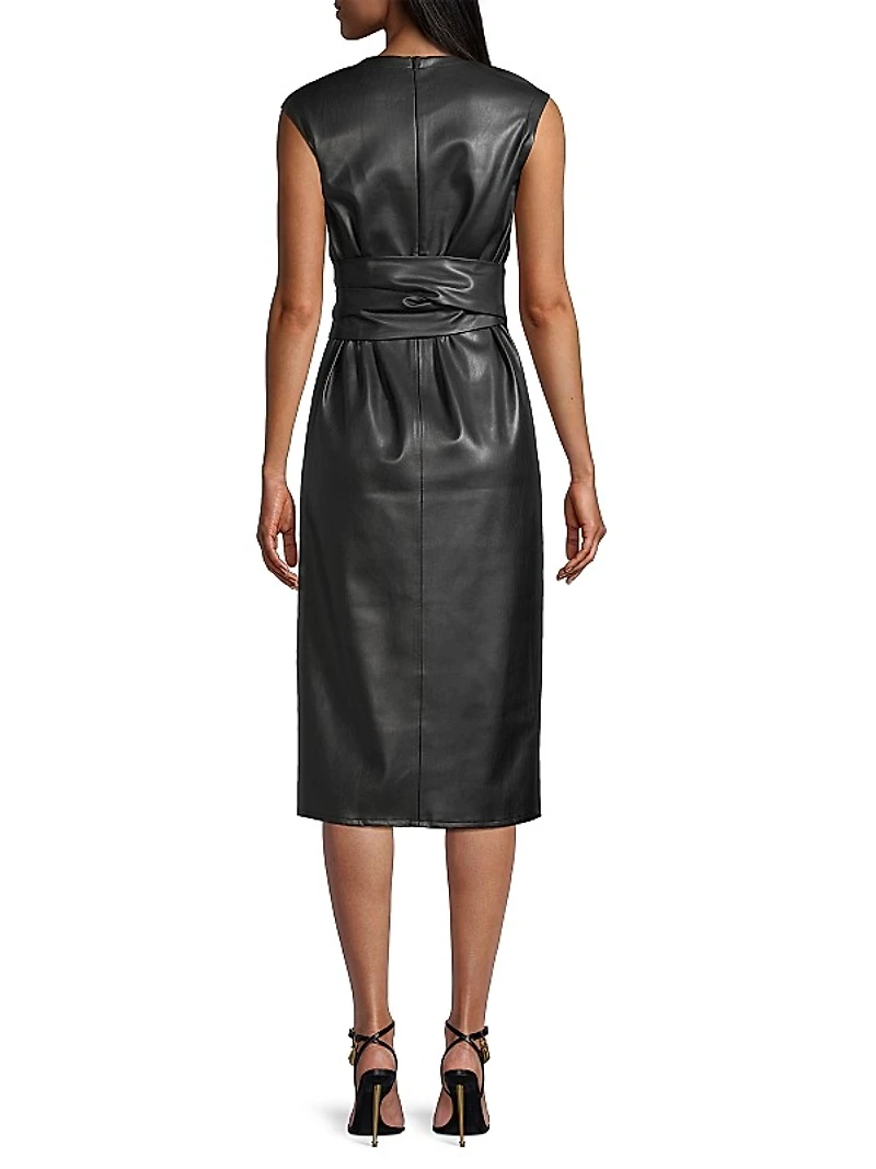 Pilar Belted Vegan Leather Midi-Dress