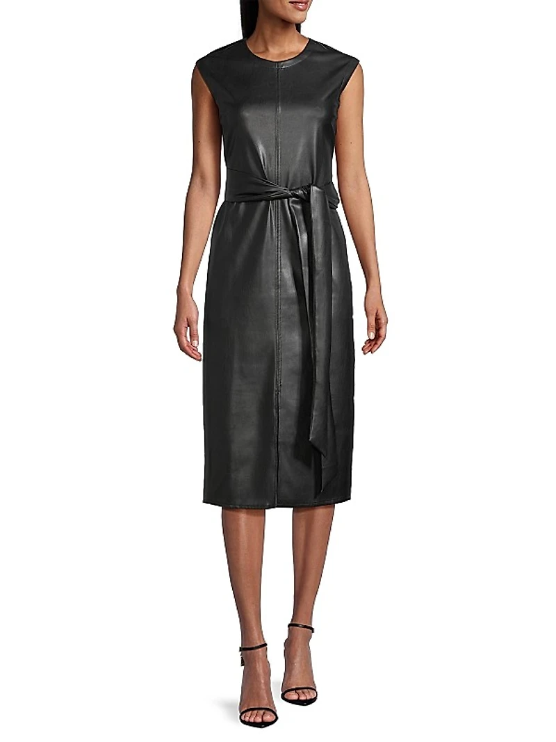 Pilar Belted Vegan Leather Midi-Dress