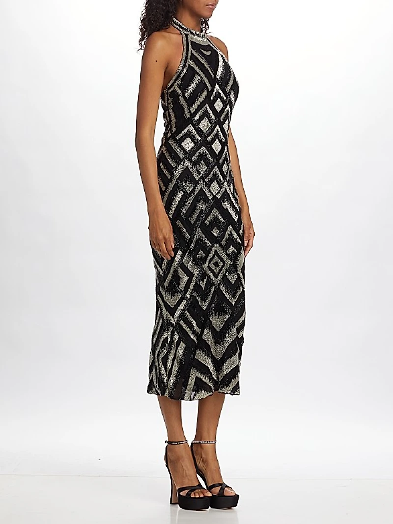 Beaded Halter Neck Midi Cocktail Dress