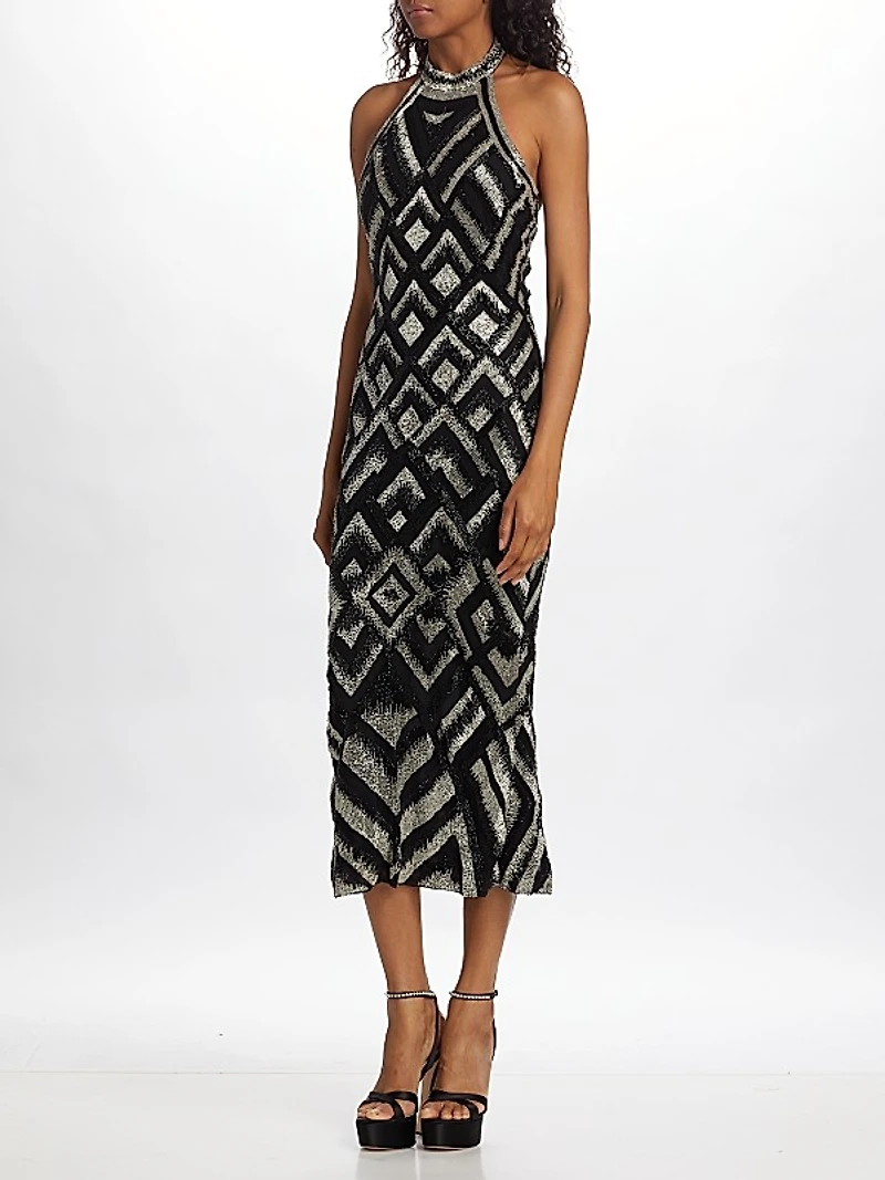 Beaded Halter Neck Midi Cocktail Dress