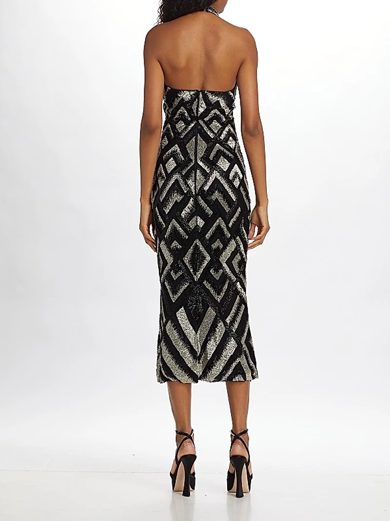 Beaded Halter Neck Midi Cocktail Dress