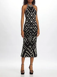 Beaded Halter Neck Midi Cocktail Dress