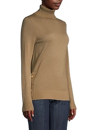 Side-Button Merino Wool Turtleneck Sweater