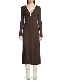 O-Ring Pleated Knit Midi-Dress