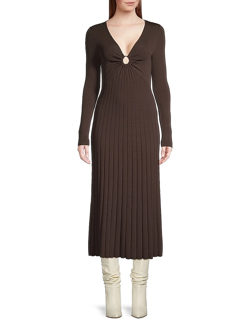 O-Ring Pleated Knit Midi-Dress