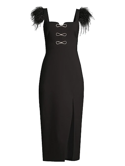 Rizzo Crystal Bow & Feather Midi-Dress