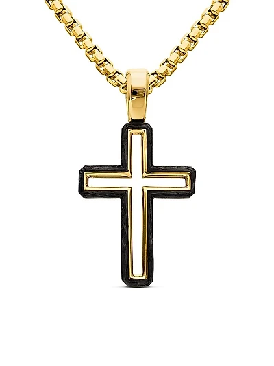 Forged Carbon Cross Pendant in 18K Yellow Gold, 24mm