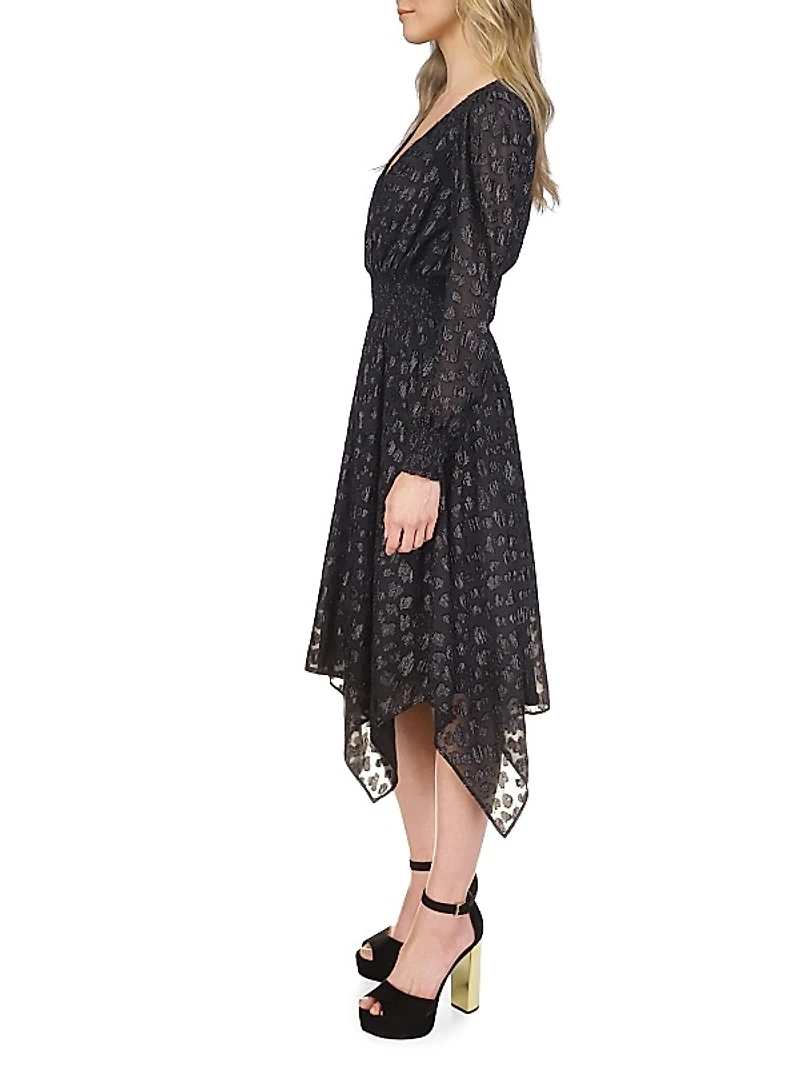 Clip Jacquard Handkerchief-Hem Midi-Dress