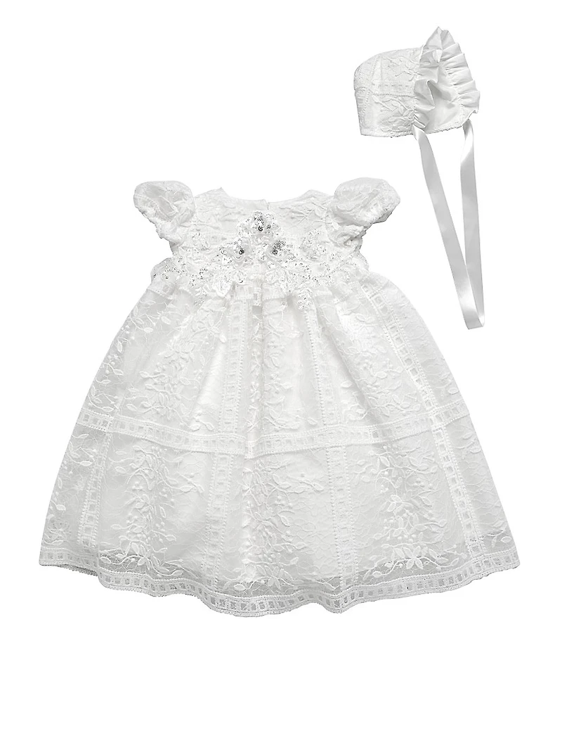 Baby Girl's Floral Lace Dress & Bonnet Set