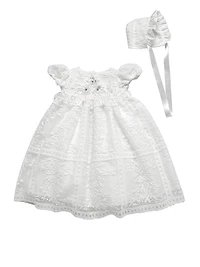 Baby Girl's Floral Lace Dress & Bonnet Set