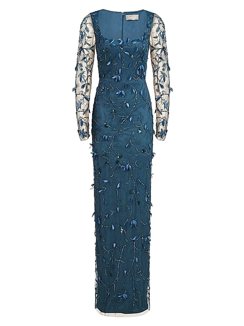 Hera Long-Sleeve Petal Appliqué Gown