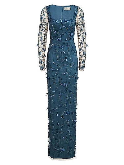 Hera Long-Sleeve Petal Appliqué Gown