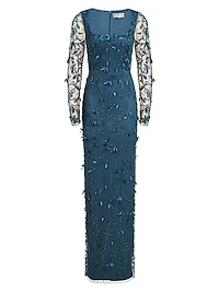 Hera Long-Sleeve Petal Appliqué Gown