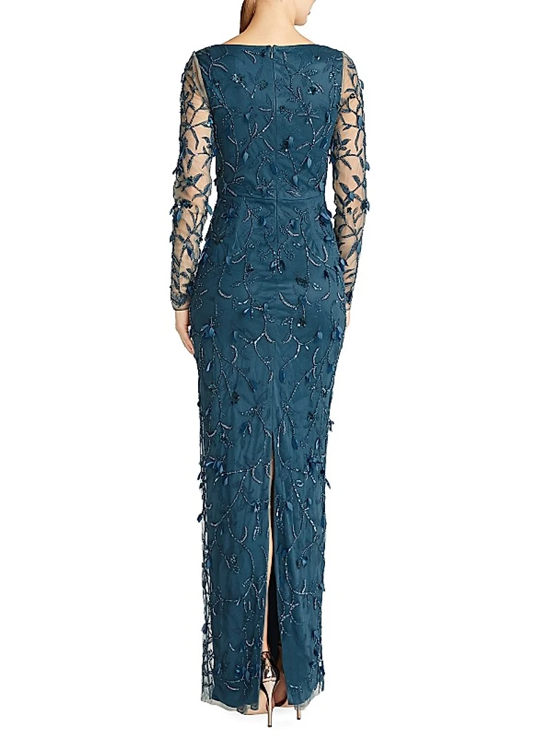 Hera Long-Sleeve Petal Appliqué Gown