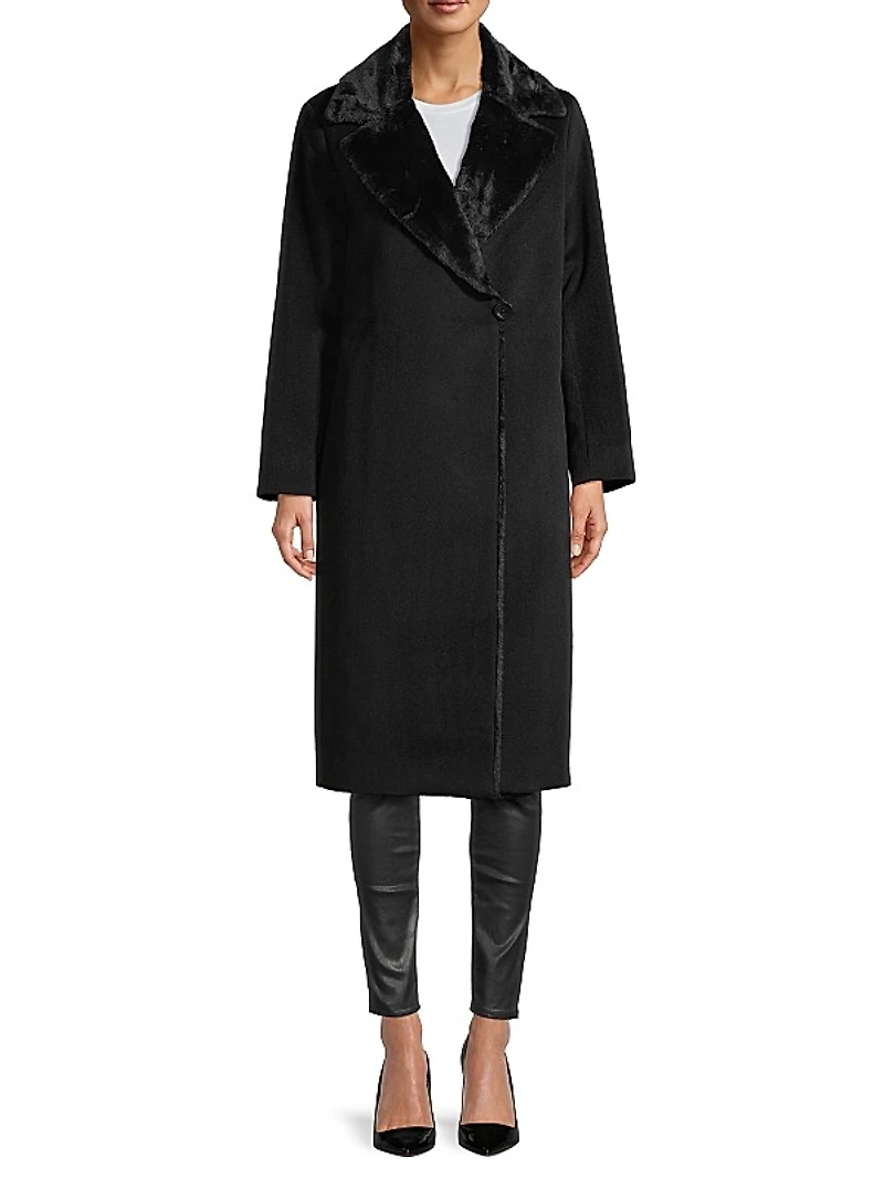 Faux Fur-Trim Wool Coat