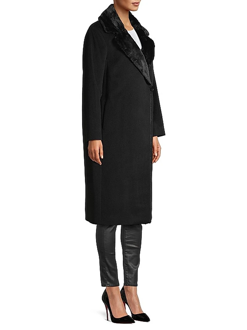 Faux Fur-Trim Wool Coat