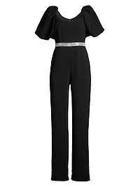 Crystal-Embellished Puff-Sleeve Jumpsuit