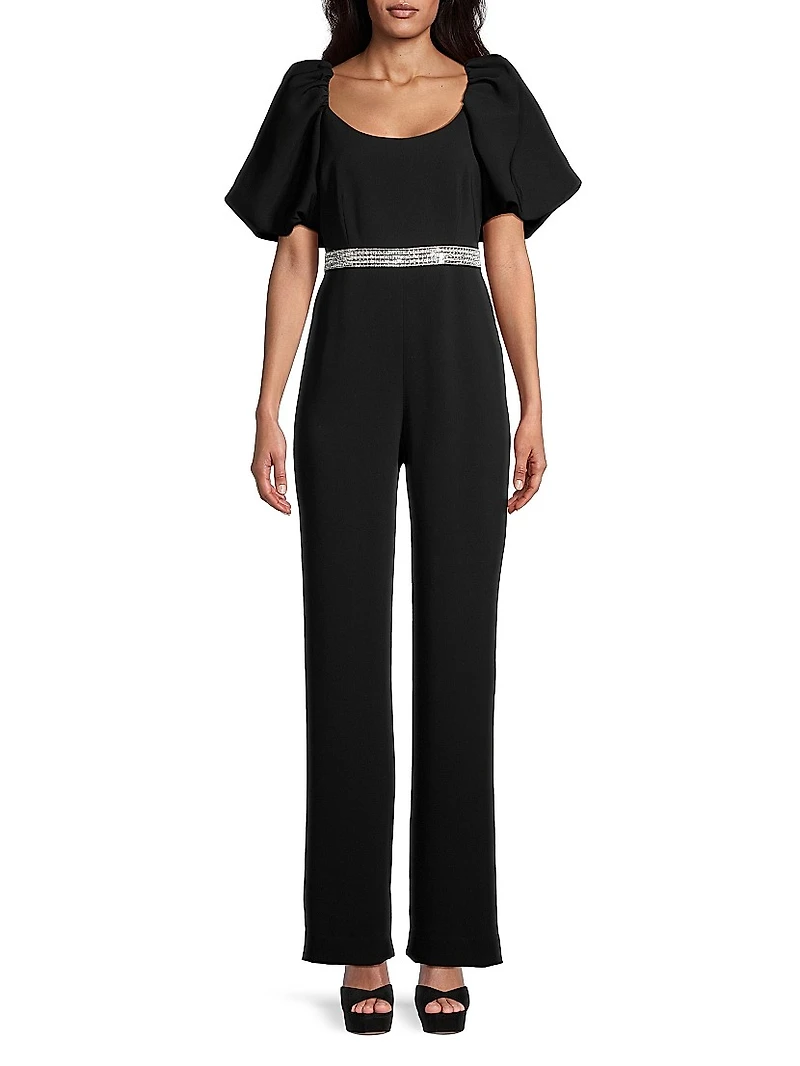 Crystal-Embellished Puff-Sleeve Jumpsuit