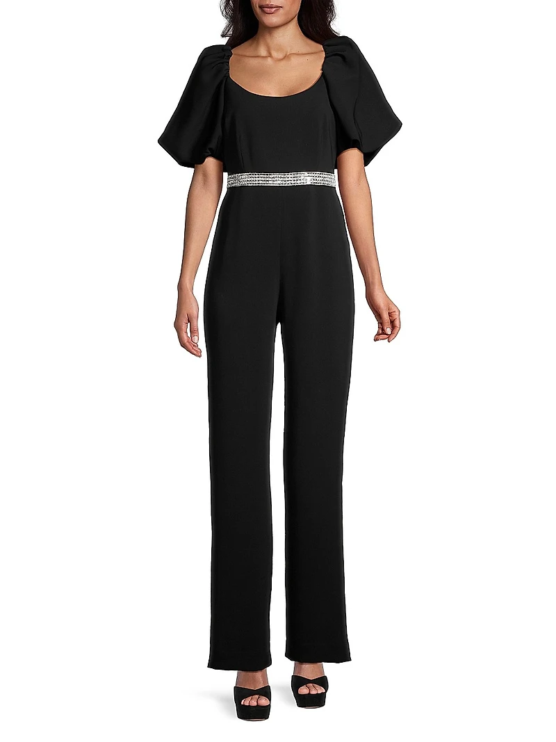 Crystal-Embellished Puff-Sleeve Jumpsuit