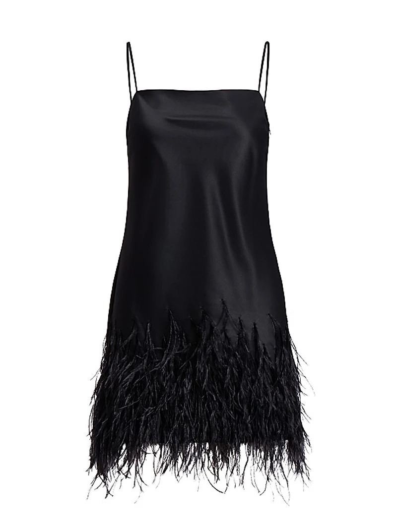 Feather-Trim Satin Mini Dress