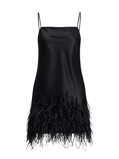 Feather-Trim Satin Mini Dress